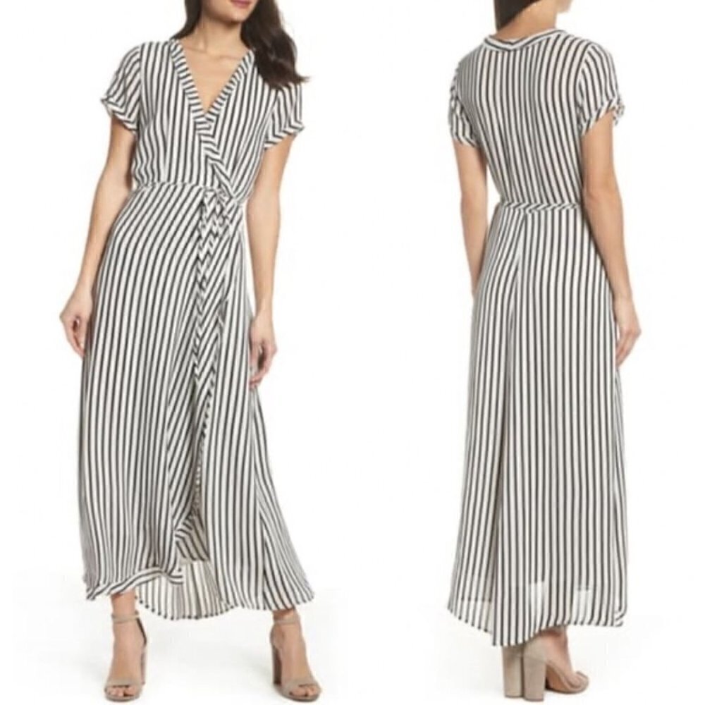 NWT Women's Bardot Size XS Adie Stripe Midi Wrap Dress - Black & White MSRP $119